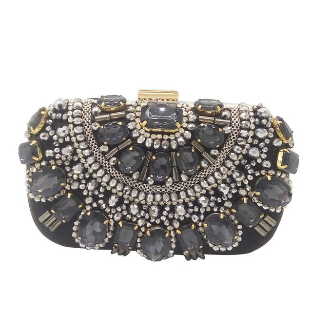 Famous Brand Women Handbags Black Crystal Evening Purse Metal Clutches Silver Beaded Bridal Wedding Box Clutch Bags Bolsos Mujer