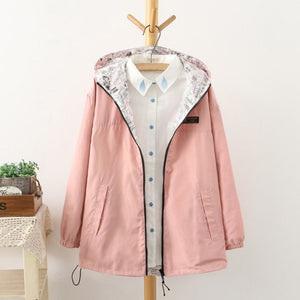 Spring Autumn 2017 Fashion Women Jacket Coat Pocket Zipper Hooded Two Side Wear Cartoon Print Outwear Loose Plus Size