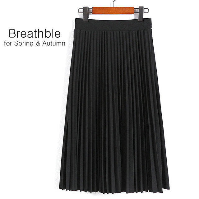 Aonibeier Fashion Women's High Waist Pleated Solid Color Length Elastic Skirt Promotions Lady Black Pink Party Casual Skirts