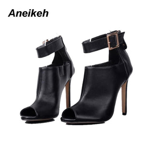 Aneikeh Gladiator Women Pumps Ladies Sexy Buckle Strap Roman High Heels Open Toe Sandals Party Wedding Shoes Size 35-40 Black