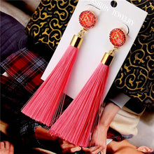 Load image into Gallery viewer, HOCOLE Bohemian Crystal Tassel Earrings Black White Blue Red Pink Silk Fabric Long Drop Dangle Tassel Earrings For Women Jewelry