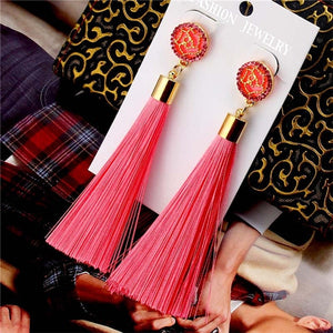 HOCOLE Bohemian Crystal Tassel Earrings Black White Blue Red Pink Silk Fabric Long Drop Dangle Tassel Earrings For Women Jewelry