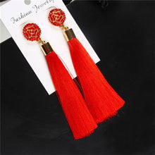 Load image into Gallery viewer, HOCOLE Bohemian Crystal Tassel Earrings Black White Blue Red Pink Silk Fabric Long Drop Dangle Tassel Earrings For Women Jewelry