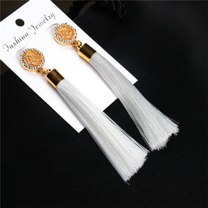 HOCOLE Bohemian Crystal Tassel Earrings Black White Blue Red Pink Silk Fabric Long Drop Dangle Tassel Earrings For Women Jewelry