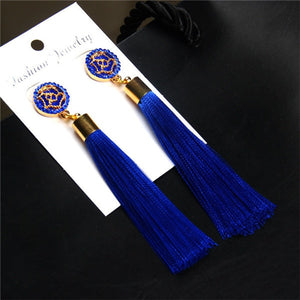 HOCOLE Bohemian Crystal Tassel Earrings Black White Blue Red Pink Silk Fabric Long Drop Dangle Tassel Earrings For Women Jewelry