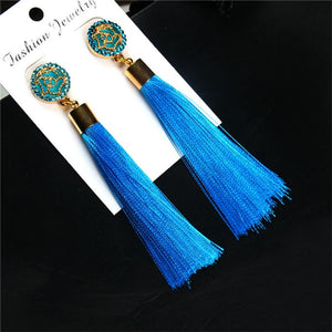 HOCOLE Bohemian Crystal Tassel Earrings Black White Blue Red Pink Silk Fabric Long Drop Dangle Tassel Earrings For Women Jewelry