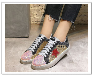 GRAM EPOS 2018 Women Casual Shoes Glitter Leather Do Old Dirty Shoes Mixed Color Women Sequins Star Golden Fleeces trainers