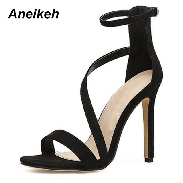 Aneikeh New Fashionable Sexy Design Women Line Style Buckle Thin High Heels Black Faux Suede Open Toe Dress Sandals 999-9