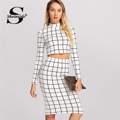 Sheinside Black and White Plaid Long Sleeve Crop Top And Pencil Skirt Plaid Twopiece 2018 Spring Women OL Work Two Piece Set