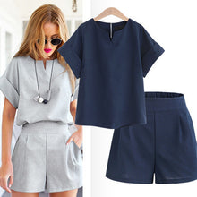 Load image into Gallery viewer, 2018 Women Summer Casual Cotton Linen V-neck short sleeve tops + shorts two piece set Female Office Suit Set Women&#39;s Costumes