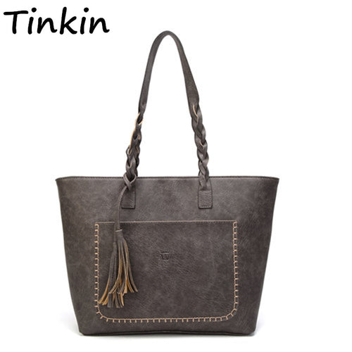 Tinkin  Vintage PU Tassel Women Shoulder Bag Female Retro Daily Causal Totes Lady Elegant Shopping Handbag