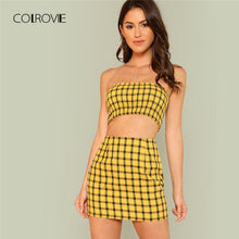 Load image into Gallery viewer, COLROVIE Plaid Print Shirred Strapless Crop Top And Skirt Set 2018 Summer Yellow Zipper Beach Two Piece Set Vacation Women Sets