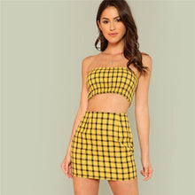 Load image into Gallery viewer, COLROVIE Plaid Print Shirred Strapless Crop Top And Skirt Set 2018 Summer Yellow Zipper Beach Two Piece Set Vacation Women Sets