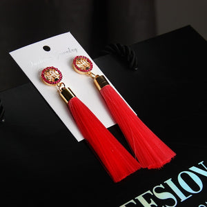 HOCOLE Bohemian Crystal Tassel Earrings Black White Blue Red Pink Silk Fabric Long Drop Dangle Tassel Earrings For Women Jewelry