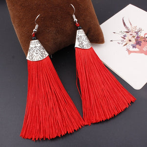 HOCOLE Bohemian Crystal Tassel Earrings Black White Blue Red Pink Silk Fabric Long Drop Dangle Tassel Earrings For Women Jewelry