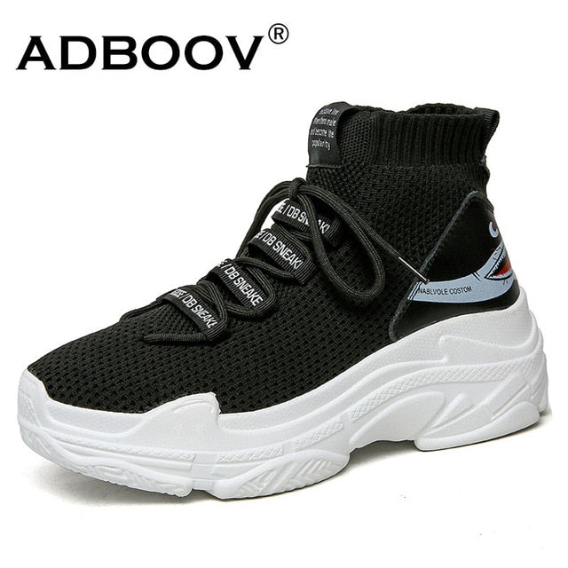 ADBOOV Shark Logo High Top Sneakers Women Knit Upper Breathable Sock Shoes Thick Sole 5 CM Fashion sapato feminino Black / White