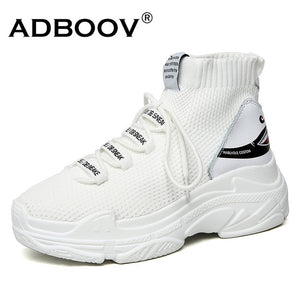 ADBOOV Shark Logo High Top Sneakers Women Knit Upper Breathable Sock Shoes Thick Sole 5 CM Fashion sapato feminino Black / White