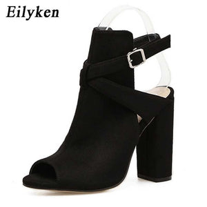 Eilyken Women Sandals Gladiator High Heels Strap Pumps Buckle Strap Shoes Fashion Summer Ladies Shoes Black size 35-42