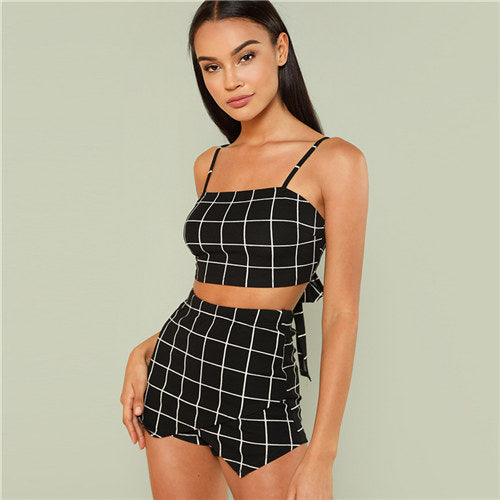 COLROVIE Grid Crop Back Tie Cami Top & Shorts Set 2018 New Plaid Summer Spaghetti Strap Clothing Set Stretchy Sexy Two Piece Set