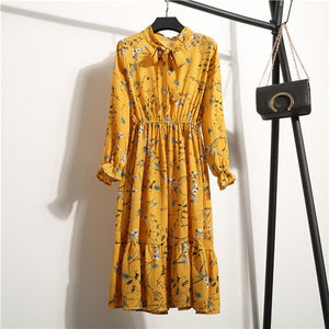 NIJIUDING Summer Autumn Chiffon Print Dress Casual Cute Women floral Long Bowknot Dresses Long Sleeve Vestido S-XL Size