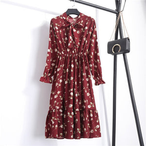 NIJIUDING Summer Autumn Chiffon Print Dress Casual Cute Women floral Long Bowknot Dresses Long Sleeve Vestido S-XL Size