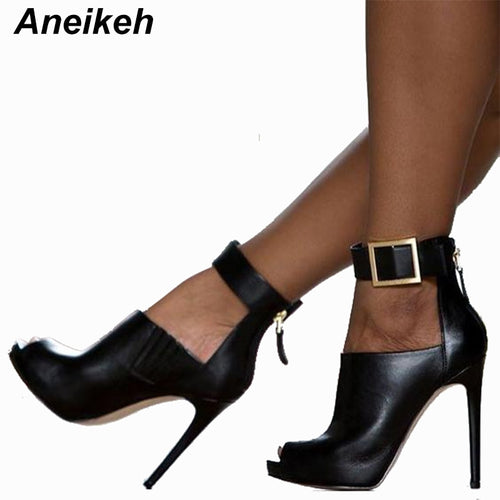 Aneikeh Gladiator Women Pumps Ladies Sexy Buckle Strap Roman High Heels Open Toe Sandals Party Wedding Shoes Size 35-40 Black