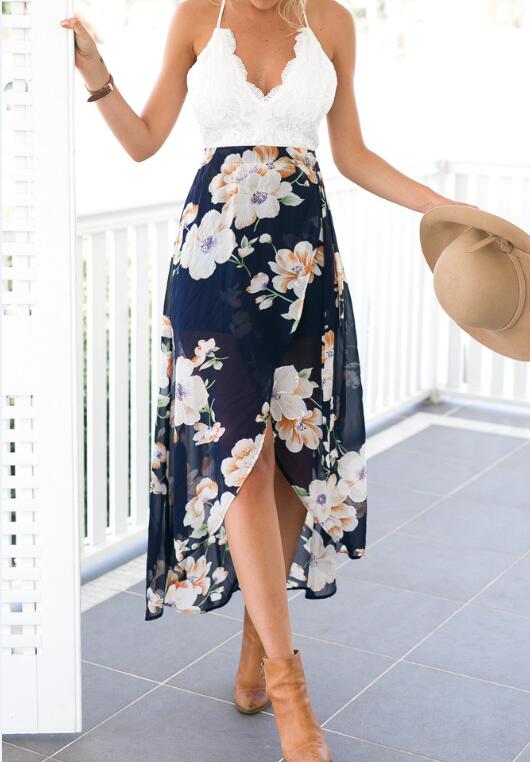 Summer style women lace long flower print patchwork dresses