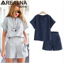 Load image into Gallery viewer, 2018 Women Summer Casual Cotton Linen V-neck short sleeve tops + shorts two piece set Female Office Suit Set Women&#39;s Costumes