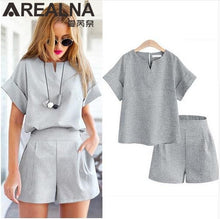 Load image into Gallery viewer, 2018 Women Summer Casual Cotton Linen V-neck short sleeve tops + shorts two piece set Female Office Suit Set Women&#39;s Costumes