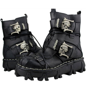 Men's Cowhide Genuine Leather Work Boots Military Combat Boots Gothic Skull Punk Motorcycle Martin Boots