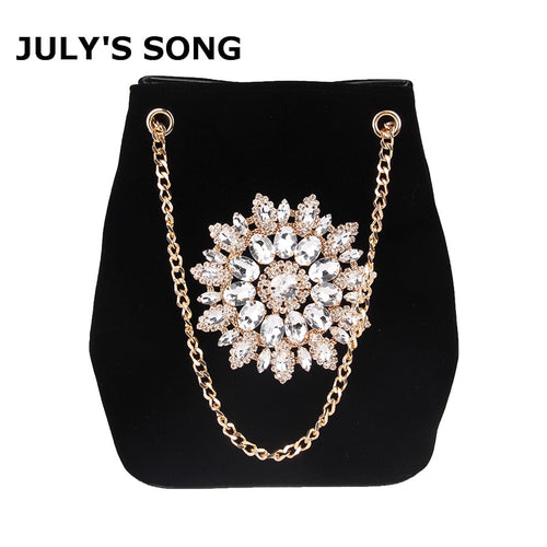 JULY'S SONG Velour Bucket Bag Women Embroidery Diamond Handbag Ladies Velvet Shoulder Bag Elegant Crystal Floral Chain Bags