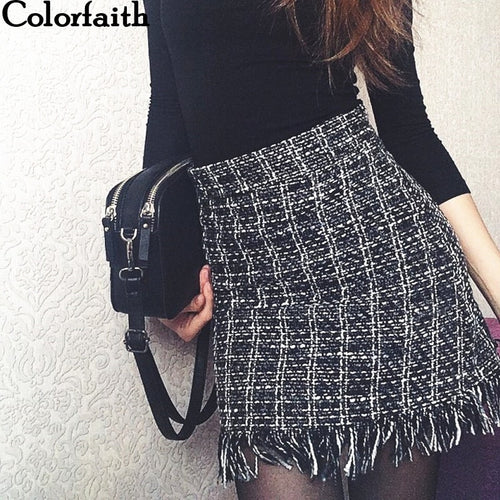 Colorfaith 2018 Women Woolen Mini Skirt Autumn Winter Vintage Straight Plaid Tassel Skater Skirt High Waist Femininas SK5583