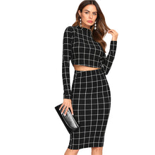 Load image into Gallery viewer, Sheinside Stand Collar Long Sleeve 2 Piece Set Women Crop Grid Top &amp; Pencil Skirt Co-Ord Ladies Elegant OL Style Twopiece