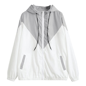 ZAN.STYLE Spring Autumn Fashion Hooded Two Tone Windbreaker Jacket Zipper Pockets Casual Long Sleeves Feminino Coats Outwear