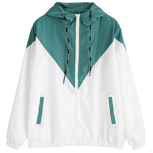 ZAN.STYLE Spring Autumn Fashion Hooded Two Tone Windbreaker Jacket Zipper Pockets Casual Long Sleeves Feminino Coats Outwear