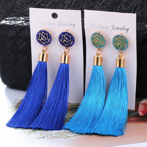 HOCOLE Bohemian Crystal Tassel Earrings Black White Blue Red Pink Silk Fabric Long Drop Dangle Tassel Earrings For Women Jewelry