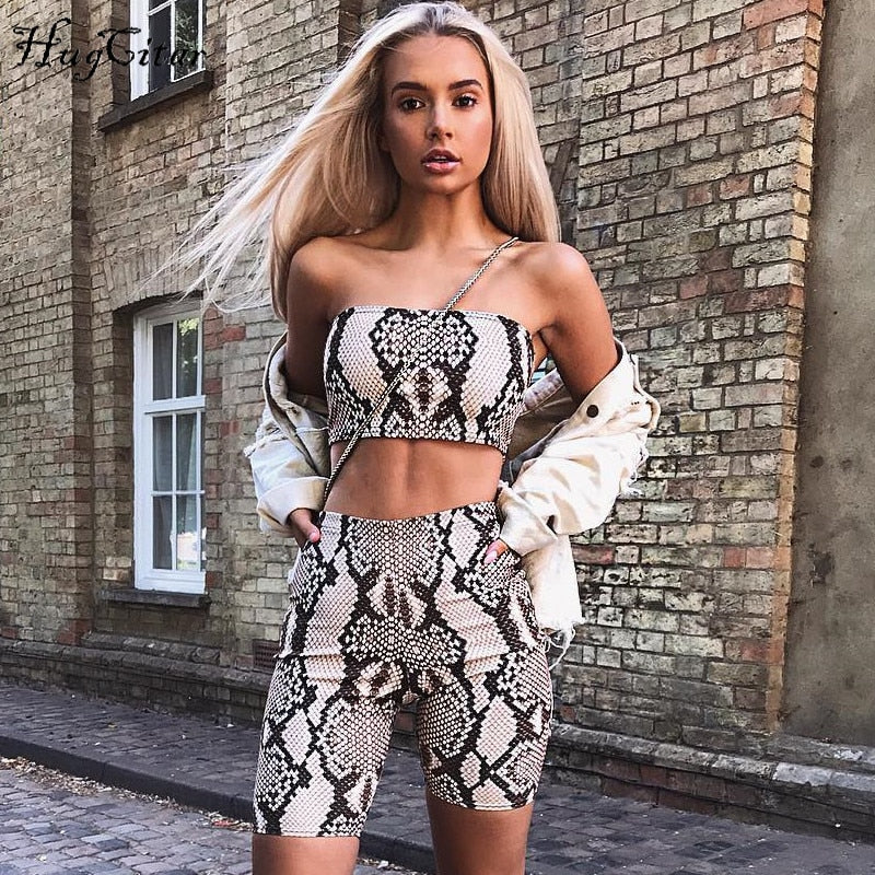 Hugcitar snake skin crop top sexy tank top shorts 2 pieces sets 2018 summer autumn women fashion elastic sportswear female set