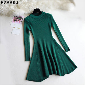 chic 2018 Winter black Sweater Dress Women o-neck Long Sleeve A Line thick Knit mini Dress bodycon female slim girl short dress