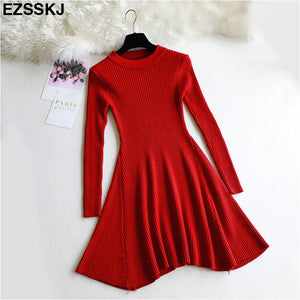 chic 2018 Winter black Sweater Dress Women o-neck Long Sleeve A Line thick Knit mini Dress bodycon female slim girl short dress