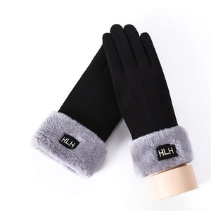 New Winter Female Lace Warm Cashmere Three Ribs Cute Bear Mittens Double thick Plush Wrist Women Touch Screen Driving Gloves 81C