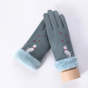 New Winter Female Lace Warm Cashmere Three Ribs Cute Bear Mittens Double thick Plush Wrist Women Touch Screen Driving Gloves 81C