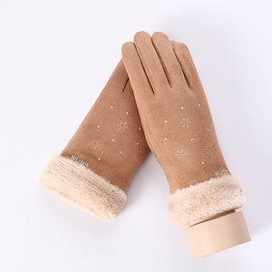 New Winter Female Lace Warm Cashmere Three Ribs Cute Bear Mittens Double thick Plush Wrist Women Touch Screen Driving Gloves 81C