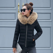 Load image into Gallery viewer, Female Coat Autumn With Fur Collar Hooded Cotton Padded Winter Jacket Women Short Outwear Basic Jacket