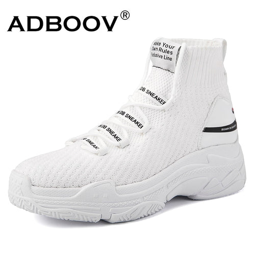 ADBOOV Shark Logo High Top Sneakers Women Knit Upper Breathable Sock Shoes Thick Sole 5 CM Fashion sapato feminino Black / White