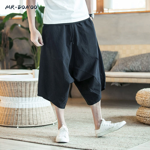 MRDONOO Men Pants Men's Wide Crotch Harem Pants Loose Large Cropped Trousers Wide-legged Bloomers Chinese Style Flaxen Baggy