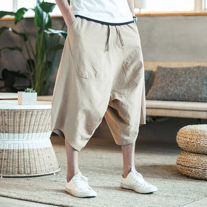 MRDONOO Men Pants Men's Wide Crotch Harem Pants Loose Large Cropped Trousers Wide-legged Bloomers Chinese Style Flaxen Baggy