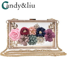 Load image into Gallery viewer, Women Luxury Evening Bags Wedding Party Pearl Flower Bride Handbag Crossbody Clear Hard Box Clutch Transparent Chain Bag