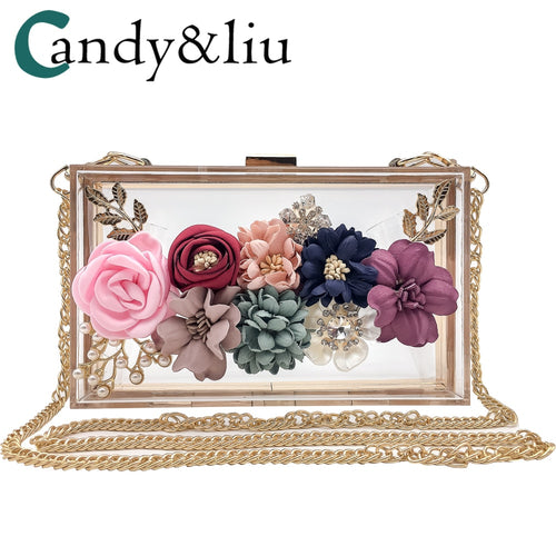 Women Luxury Evening Bags Wedding Party Pearl Flower Bride Handbag Crossbody Clear Hard Box Clutch Transparent Chain Bag