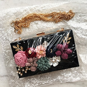 Women Luxury Evening Bags Wedding Party Pearl Flower Bride Handbag Crossbody Clear Hard Box Clutch Transparent Chain Bag