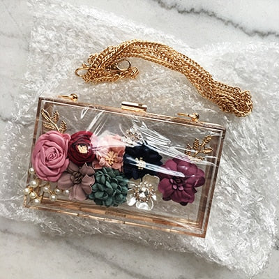 Women Luxury Evening Bags Wedding Party Pearl Flower Bride Handbag Crossbody Clear Hard Box Clutch Transparent Chain Bag